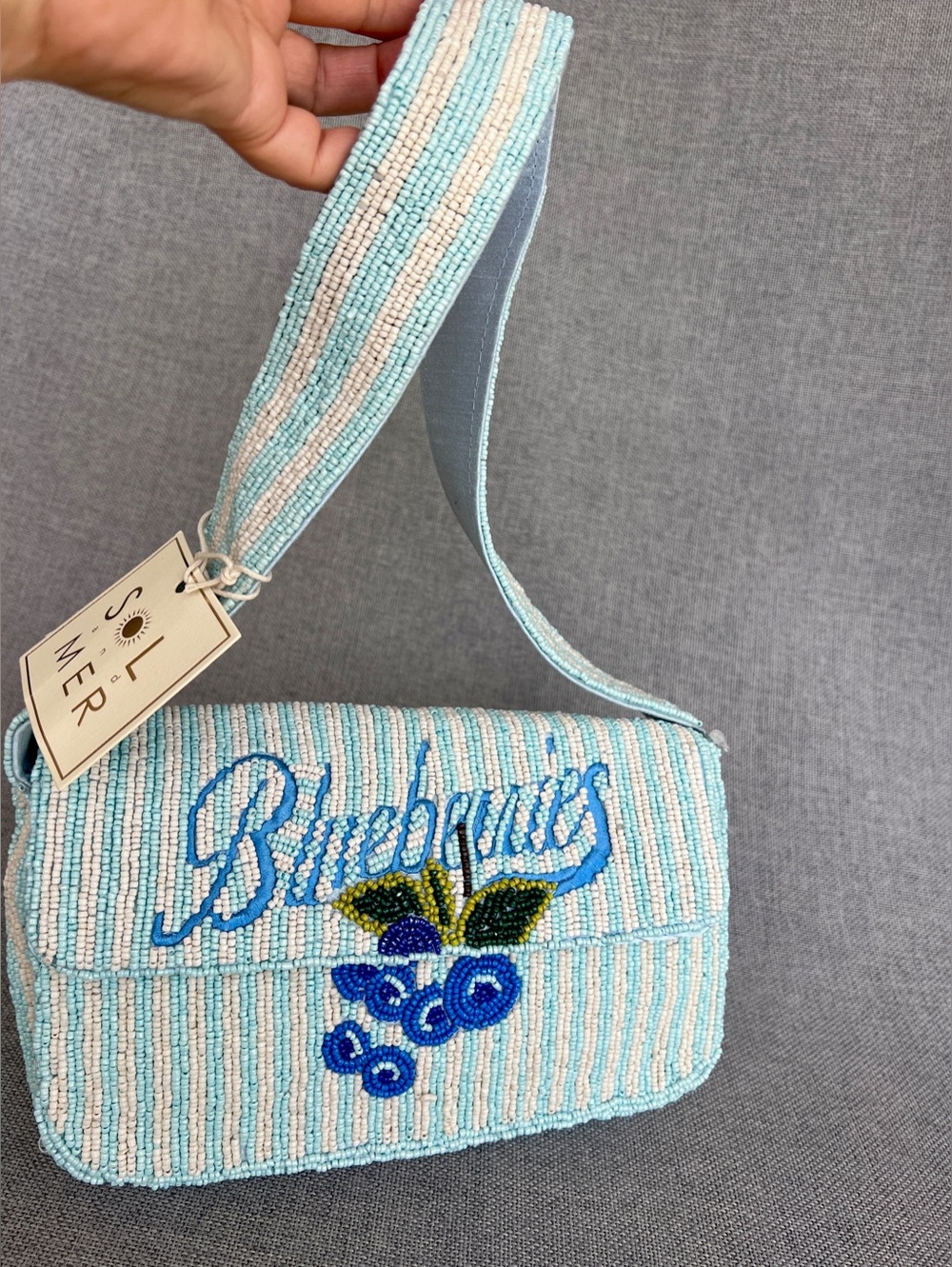 Sol and Mer Novelty Blueberries Beaded shoulder bag blue cream